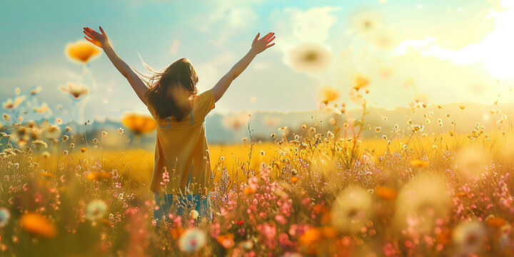 A girl is standing in a field of flowers, with her arms raised in the air