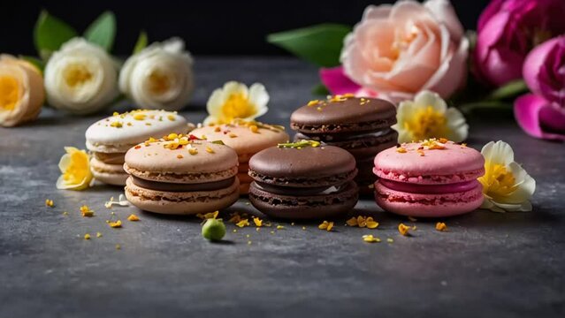 Delicious macarons with flowers