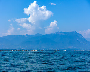 Lake Garda (Lago di Garda) and Italian Alps view from the Malcesine village. Italy, Veneto and...