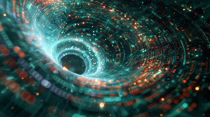 Cybernetic vortex, a spiraling core of matrix code drawing into darkness