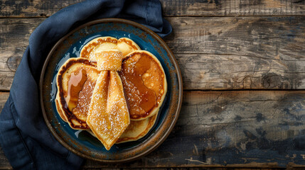 Pancakes shaped like a tie on a plate for Father's Day, with a wooden background and space for text.