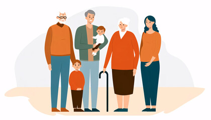 Naklejka premium Illustration of a multi-generational family standing together, depicted in a flat, modern style