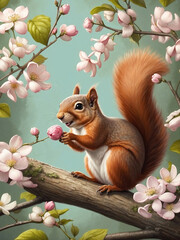 Squirrel on a dogwood tree with blossom at spring.
