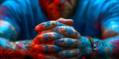 Fototapeta premium Closeup of tattooed mans hands with skull tattoo in hipster digital art. Concept Tattooed Hands, Skull Tattoo, Hipster Style, Digital Art, Close Up