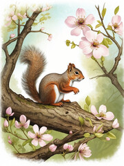 Squirrel on a dogwood tree with blossom at spring.