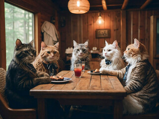 Funny illustration of cat class reunion, cats sitting at the table.