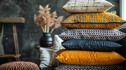 Naklejka premium A stack of plush throw pillows in various patterns and textures, adding comfort to a sofa
