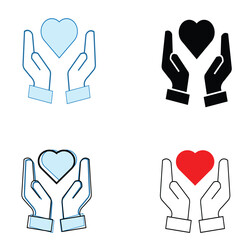 Heart in hand icons set. Hands holding heart icon. Love icon. Health, medicine symbol. Healthcare hands holding heart flat and line style