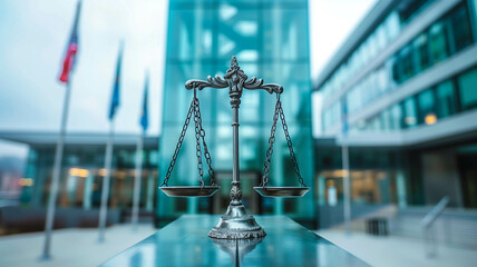 symbolism of fairness scales against a courthouse backdrop