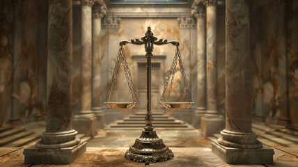 symbolism of fairness scales against a courthouse backdrop