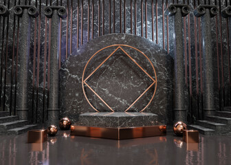 3D illustration. Empty marble podium for product presentation in a classical style scene.