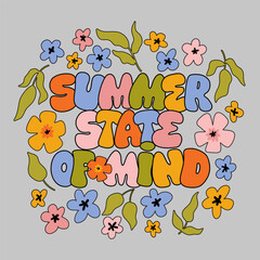 Hand drawn lettering composition about summer - Summer state of mind- vector graphic in retro style, for the design of postcards, posters, banners, notebook covers, prints for t-shirts, mugs.