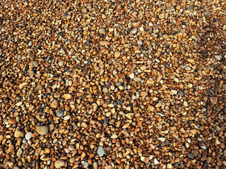 Many hundres of beach pebbles with an orange hue