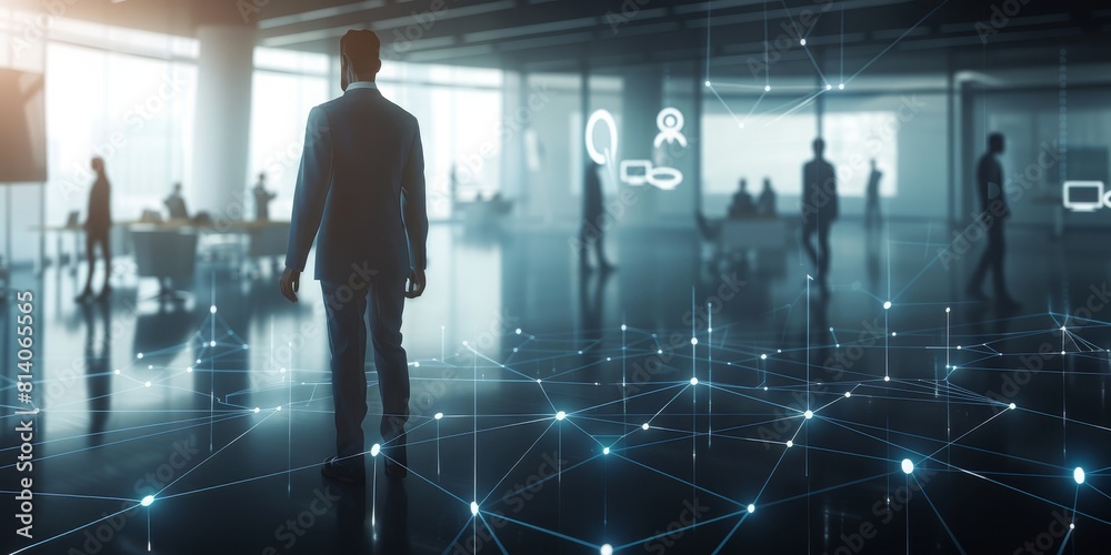 Aufkleber a futuristic office environment with professionals connected through a network of digital links, rep