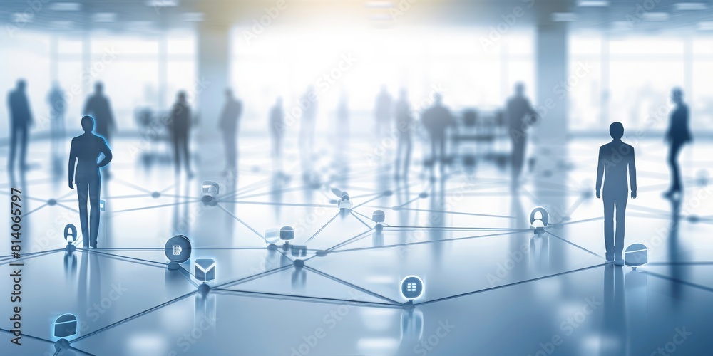 Poster a futuristic office environment with professionals connected through a network of digital links, rep