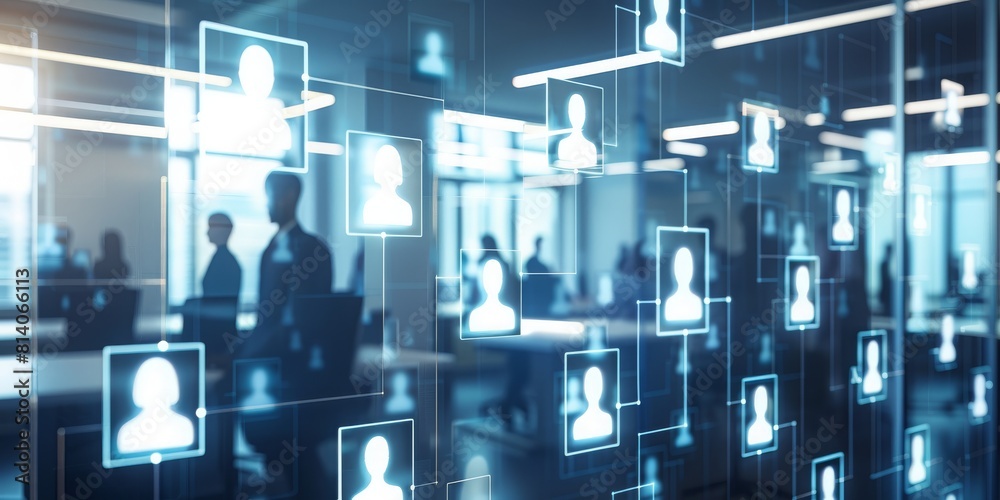 Poster connected workforce: abstract network of human figures representing business connections and social 