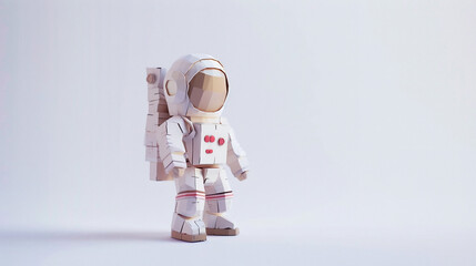macro photography of cute miniature astronaut toy on white background, space for copy text