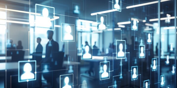 Connected Workforce: Abstract Network of Human Figures Representing Business Connections and Social Interaction in a Modern, Corporate Environment, Generative AI