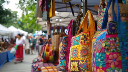 Art market display of vibrant bags made from patchwork fabric, bustling crowd in the background