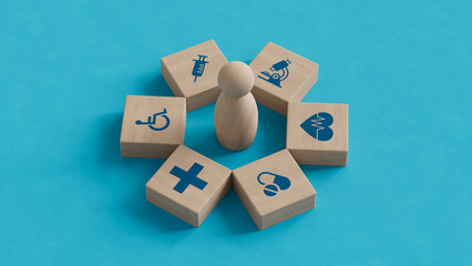 Medical Insurance concept, wood cube with icon healthcare subject and pawn in the center.