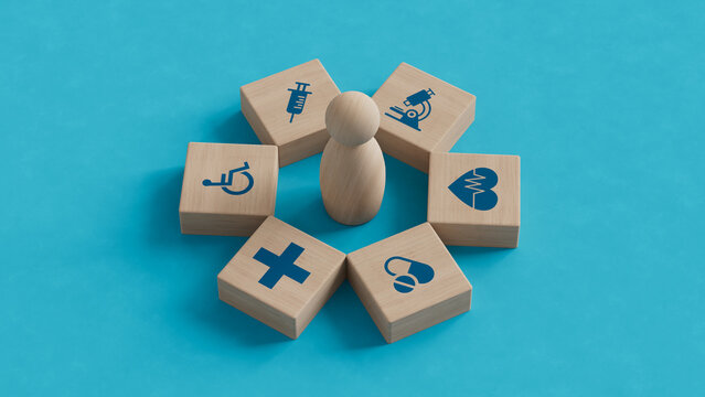 Medical Insurance concept, wood cube with icon healthcare subject and pawn in the center.