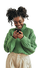 Happy Young Black Woman Texting on Smartphone, Wearing Green Sweater, Isolated on transparent background