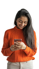 Joyful Young Indian Woman Smiling While Using Smartphone, Isolated on transparent background