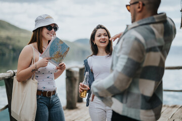 Three joyful friends engage in lively conversation by a beautiful lake, holding a travel map and a...