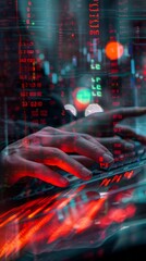 Close up of man's hands typing on computer, focusing on trading, investment, and cryptocurrency activities. Vertical poster