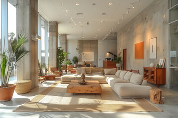 A well-lit, spacious lounge area in a co-working space with comfortable seating and green plants, designed for relaxation and casual meetings. AI Generated.