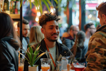 A cheerful young man engages in a lively conversation at a casual tech networking meetup, surrounded by peers AI Generated.