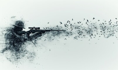 Silhouette of a man with a sniper rifle and flying birds