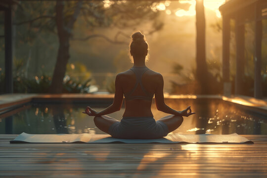 A yogi engages in a sunrise meditation by the pool, embodying tranquility and mindfulness. AI Generated.