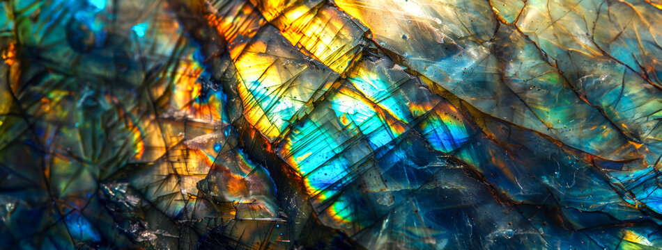 multicolored labradorite iridescence textured, crystalline vibrant colorful labradorite stone banner with natural cracked for website, jewelry mineral presentation, alternative medic post, webbanners