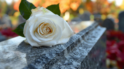 White rose atop a gray granite tombstone stands amongst an outdoor setting. Ample space awaits for personalized inscriptions during a somber funeral service.