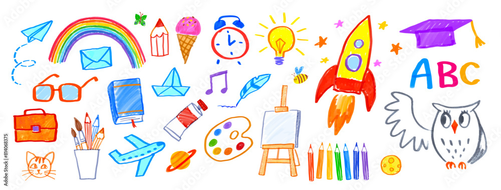 Wall mural education felt pen hand drawn vector illustrations set of child drawings and doodles