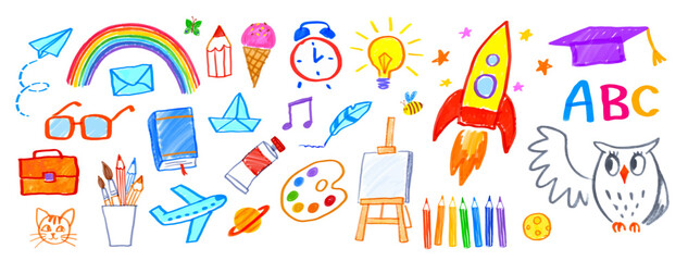 Education felt pen hand drawn vector illustrations set of child drawings and doodles