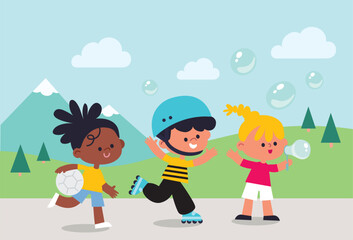 Naklejka premium Children spend time outside, having fun, relaxing. Summer. Sunny day. Beautiful nature. Children engage in various activities in a good mood. Kids on holiday, vacation, weekends. Childhood memories