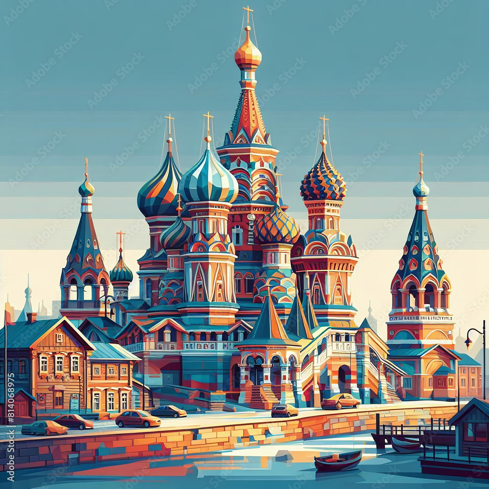 Wall mural low-poly vector style illustration of traditional russian colorful architecture buildings, minimalis