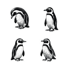 set of penguin illustration. hand drawn penguin black and white vector illustration. isolated white background © Nurjen