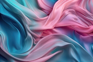 Obraz premium Flowing satin fabric in pink and blue hues with smooth waves background, copy space, AI Generated