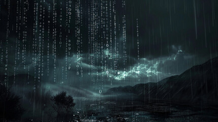 Digital monsoon, heavy rain of matrix numbers falling on a dark landscape