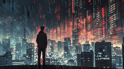 A man stands on a rooftop looking out over a city, with stock market data glowing on the sky