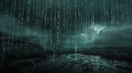 Digital monsoon, heavy rain of matrix numbers falling on a dark landscape