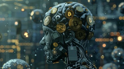 Robot's head is completely covered in digital bitcoins, symbolizing the concept of trading, investment, and cryptocurrency