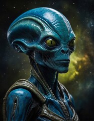 Strange futuristic alien creature with shiny blue and green skin a large head and huge yellow reptilian eyes abstract space scene as background