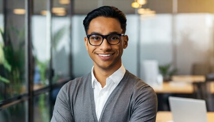 Obraz premium attractive smiling male office worker posing in office and looking at camera