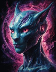 Cat-like mystical hybrid animal trading card game character with blue and purple skin and large pointed ears surrounded by pink and purple clouds of smoke