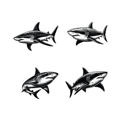 set of sharks illustration. hand drawn shark black and white vector illustration. isolated white background