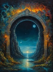 Amazing ancient mystical fantasy archway portal to another world huge arches with vibrant multi-colored flames above them and a river below